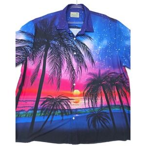 Royaura Shirt Mens 3XL Purple Sunset Palm Tree Hawaiian Short Sleeve Button